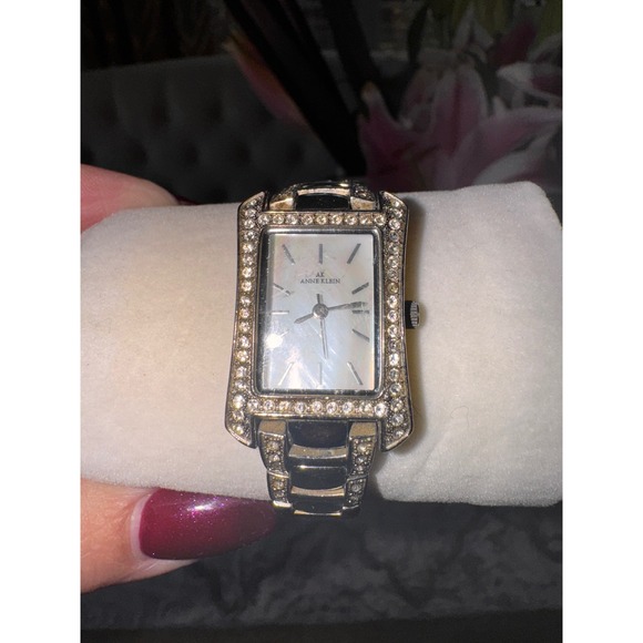 Anne Klein Womens Rectangular Mother of Pearl Dial Crystal Watch Silver‎ Tone - Picture 2 of 12